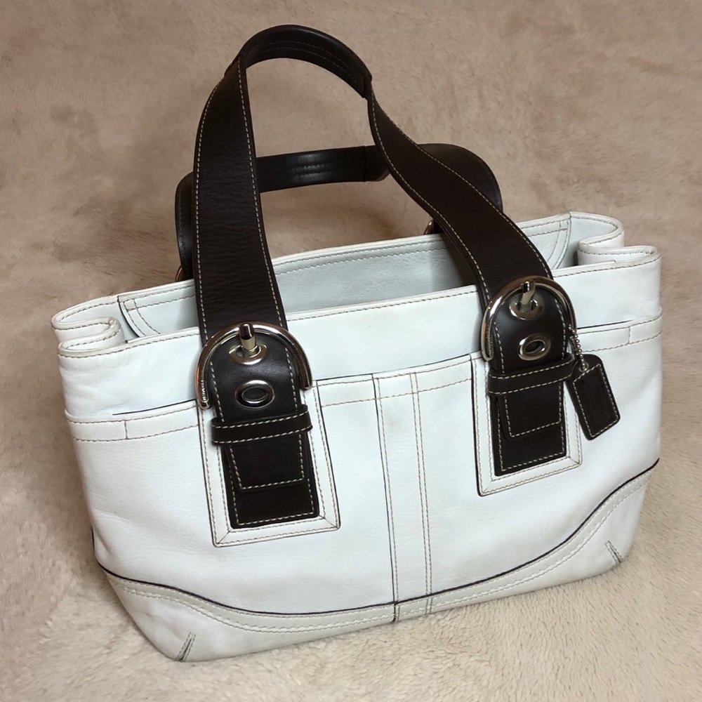 Genuine Leather Coach Handbag Brown and White